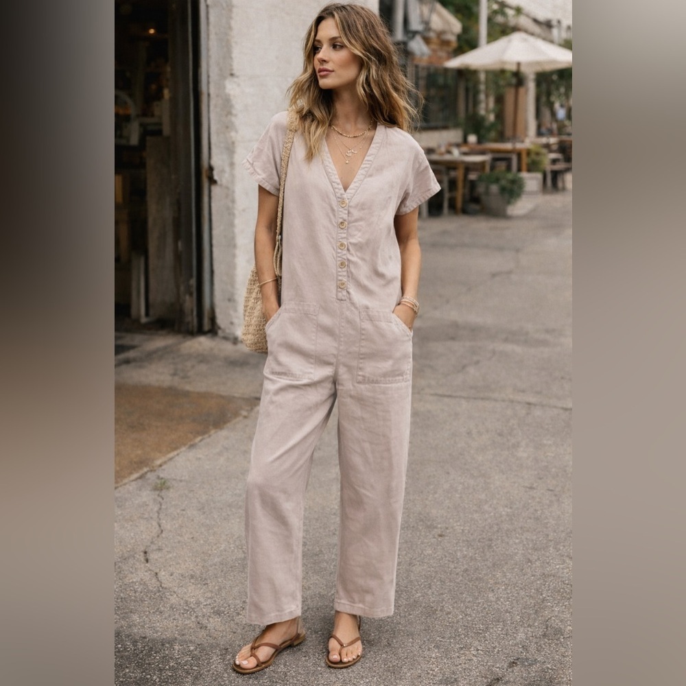V-Neck Button Short-Sleeve Wide-Leg Jumpsuit in Light Beige